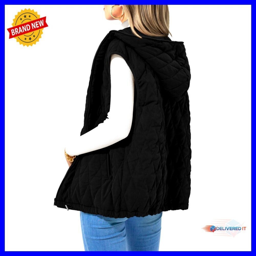 Women's Hooded Quilted Vest Sleeveless Zip Up Puffer Outerwear Casual
